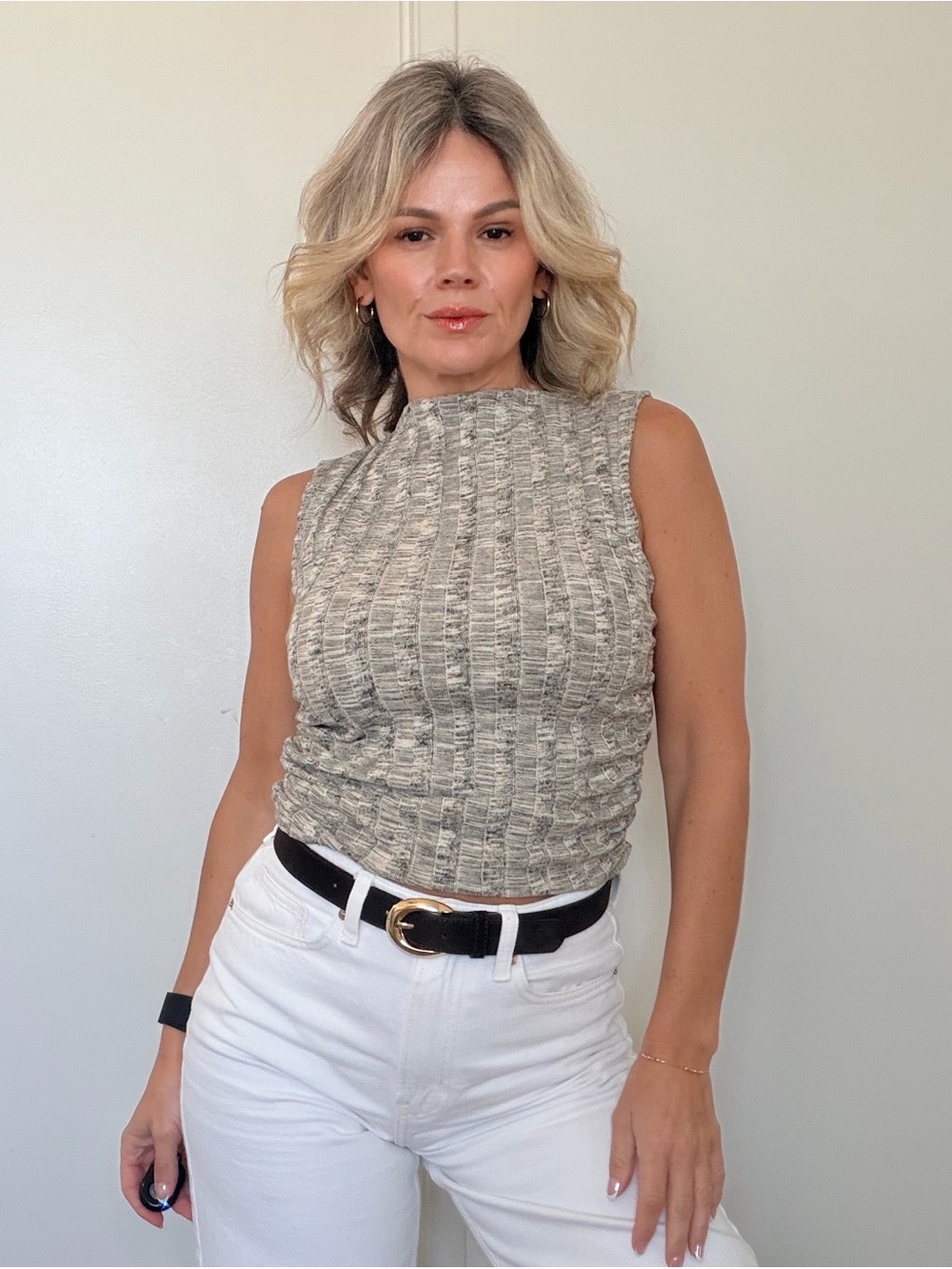 New Project Social T Giorgia Funnel Neck Sweater Rib Tank Mother of Pearl Gray